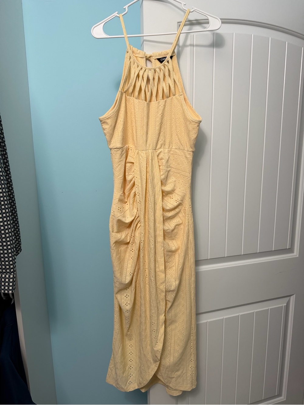 Sunlit Eyelet Halter Maxi Dress in Soft Yellow
